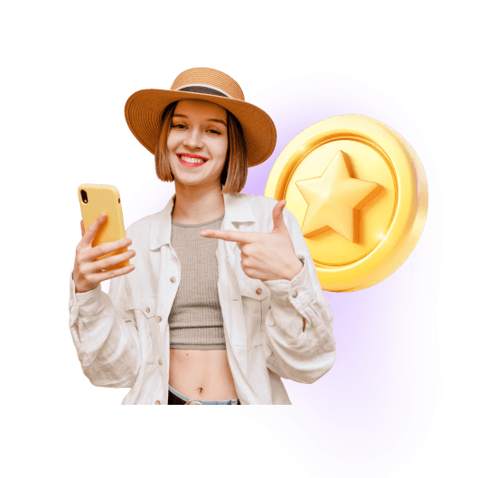 Smiling young woman pointing at her phone showing LivU's free coins sign-up bonus
